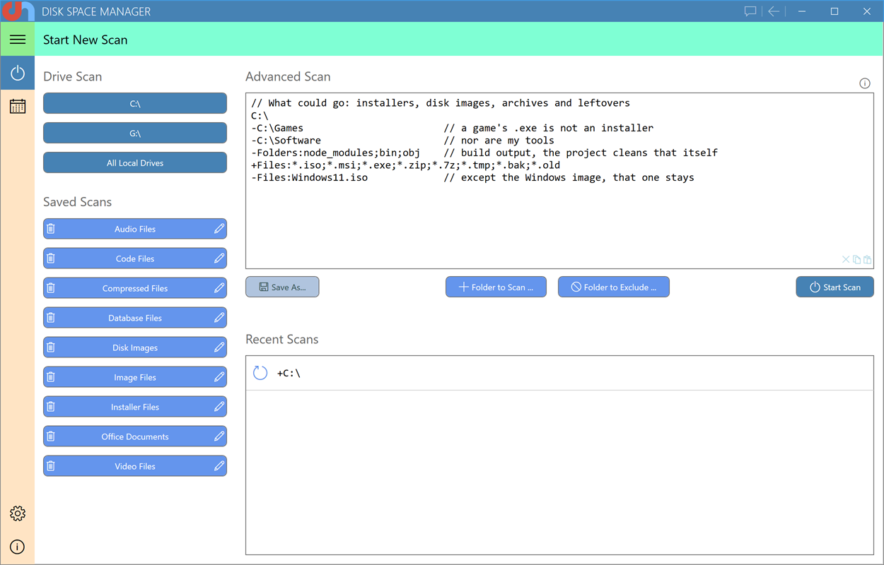 The Advanced Scan box with a six-line filter: a drive, two excluded folders, excluded folder names, the file types to look for and one file kept out, each line with a comment