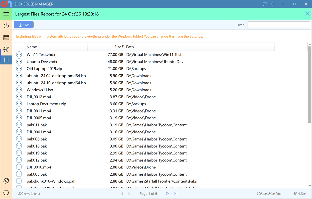 Largest Files report: the biggest files on the drive with their folders